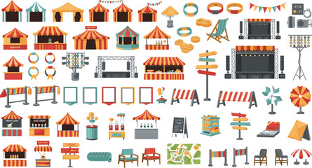 Outdoor music festival and carnival event elements set featuring concert stages food stalls market tents barriers and lighting equipment for commercial entertainment marketing material © AntarChandra