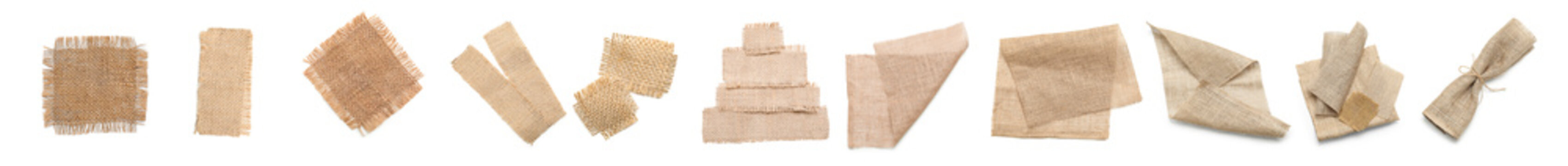 Natural burlap fabric pieces and textured jute cloth collection isolated on white background for textile design, various shapes and forms of the rustic material are presented, including cut squares