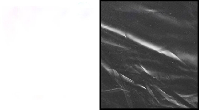 Crumpled plastic wrap texture on black background, wrinkled transparent cellophane film overlay, shiny distorted polyethylene surface for graphic design