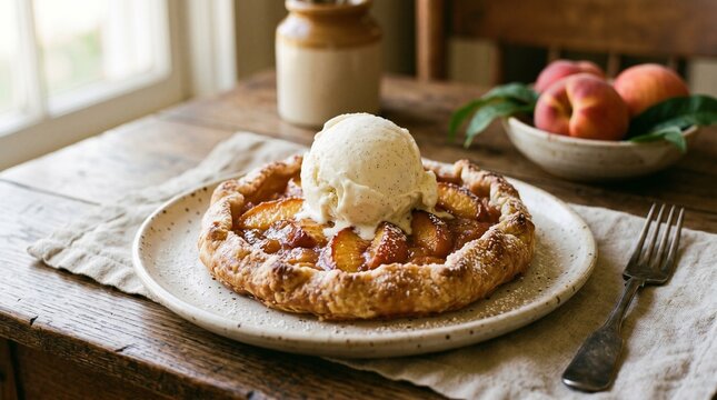 Homemade peach galette with a scoop of vanilla ice cream on a rustic wooden table