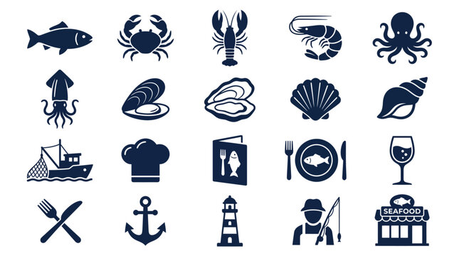 Seafood restaurant icons and symbols.