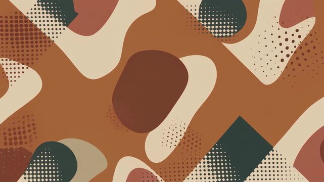 Abstract seamless pattern with organic shapes and halftone dots in earthy brown tones.