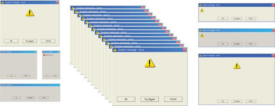 Error Message Cascade: Multiple computer error message windows pop up, creating a chaotic and overwhelming digital interface. The urgent yellow warning symbol indicates a problem needing attention.