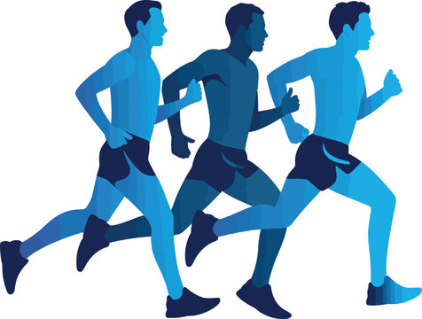Minimalist illustration of three runners in blue tones representing speed, fitness, and sport.