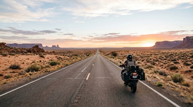 Motorcycle rider traveling on an empty desert highway towards Monument Valley at sunrise, adventure road trip concept