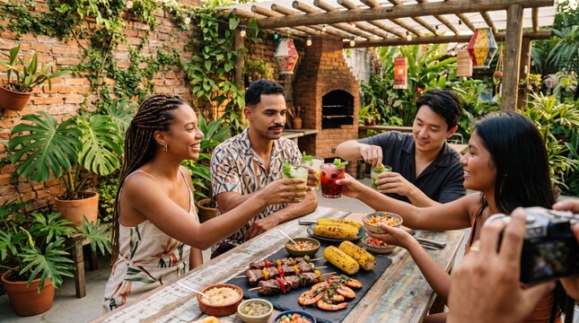 Diverse friends group toasting drinks at outdoor barbecue party, summer garden gathering lifestyle concept