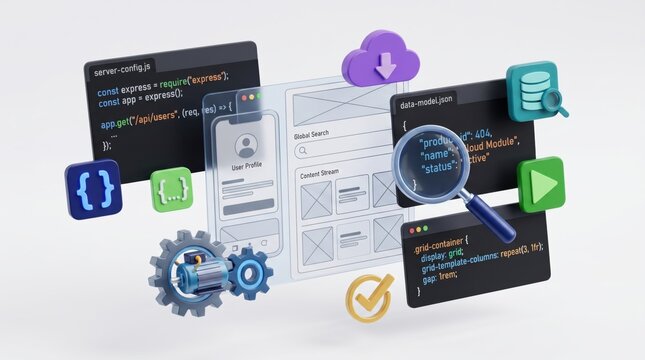 3D illustration web development coding concept, software programming and app design elements, server configuration and database management, UI UX wireframe