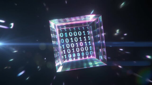 Abstract digital cube featuring glowing binary code numbers floating in dark cyberspace environment.