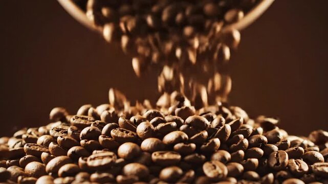 Falling coffee beans in slow motion captured in a high detail format for coffee lovers and enthusiasts alike