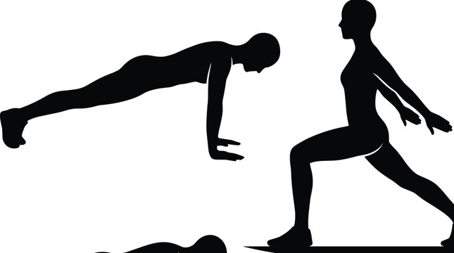 Fitness Exercise Silhouette Collection Featuring Push Up Lunge and Floor Workout Poses for Training and Wellness