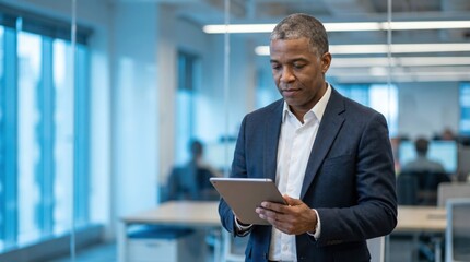 Fototapeta premium Serious African American businessman using a digital tablet in a modern office environment.