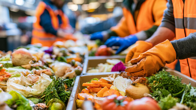 Eco Friendly Factory Workers Sorting Organic Food Waste For Recycling And Compost
