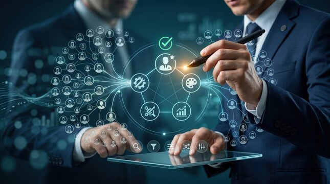Business team analyzing holographic network data, digital transformation concept with virtual icons and connectivity graphics on transparent tablet screen in modern office