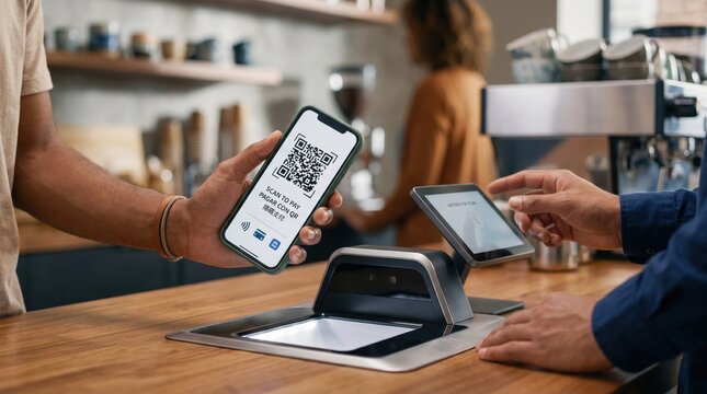 Customer paying with smartphone scanning QR code at cafe counter