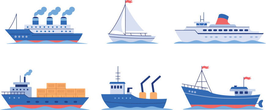 A set of six minimalist ship illustrations featuring various vessels for travel and sea themes