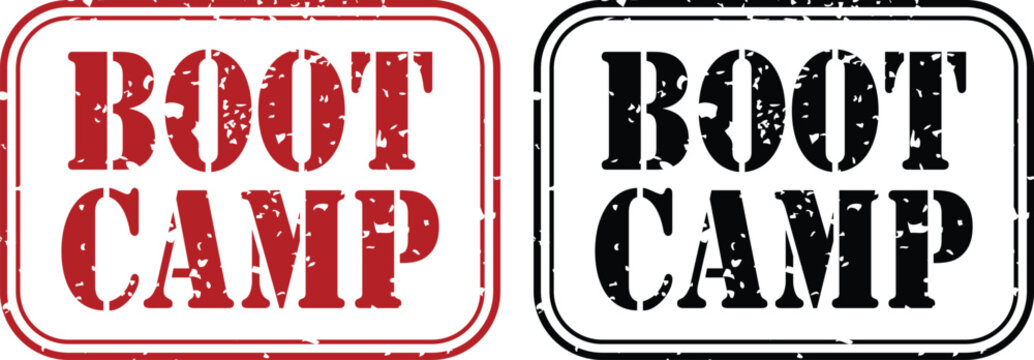 Boot Camp Rubber Stamp: Two distressed rubber stamps, one red and one black, bearing the text BOOT CAMP in bold, weathered lettering, symbolize rigorous training and intense preparation.