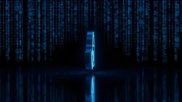 Futuristic glow, blue monolith portal stands within digital matrix background, cyber technology code, secure shield lock protection evoking mystery and safety