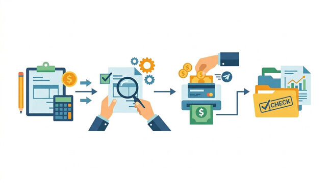 Flat lay illustration of financial accounting process from calculation and verification to payment and filing in a clean, organized workflow against a white background