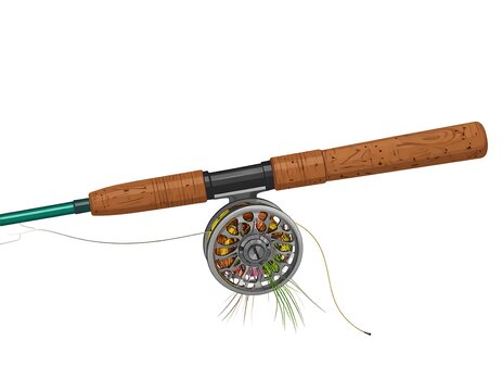 A fishing rod with a reel and line on a white background