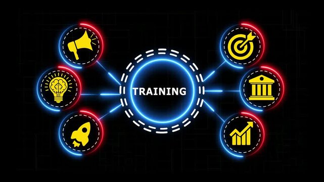Business training concept with neon glowing circular infographics on dark screen.