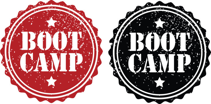 Boot Camp Stamp: A rustic red and black stamp, each featuring the bold text BOOT CAMP and a small star, symbolizes rigorous training and discipline.