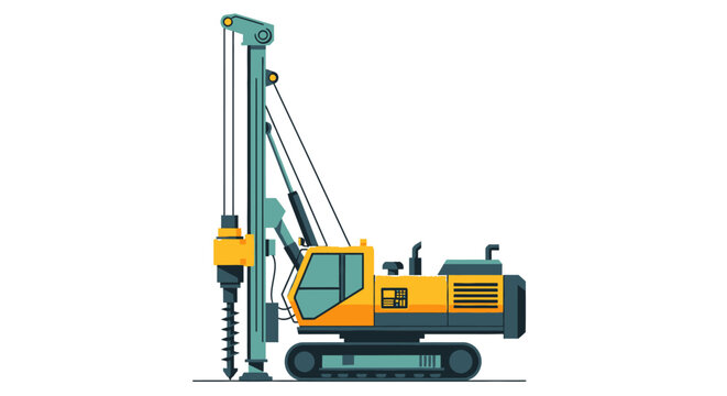 A yellow and teal pile driver machine for heavy construction work.
