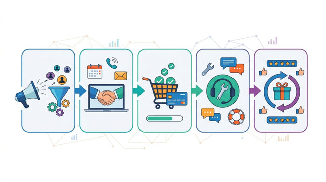 Flat lay illustration depicting a comprehensive business sales funnel process from lead generation to customer loyalty, presented with colorful icons and a clean background