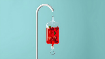 Obraz premium Creative concept for World Blood Donor Day featuring an intravenous fluid bag filled with fresh red strawberries and mint leaves, hanging on a white stand against a clean teal background.
