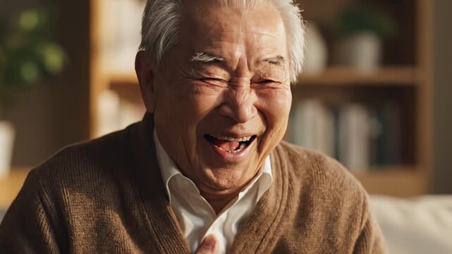 An elderly Asian man with white hair is laughing heartily, his eyes closed and his hand on his chest, conveying joy and amusement.