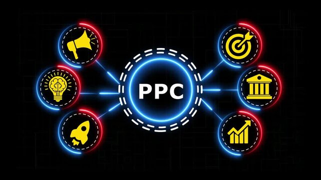 Ppc marketing concept animation with neon glowing circular icons and connection.