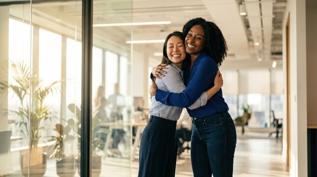 Two diverse businesswomen embracing in a modern office hallway, showcasing friendship and support.