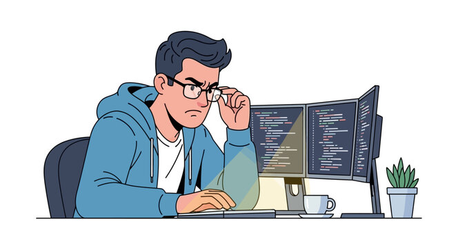 Focused software developer working on code at desk.