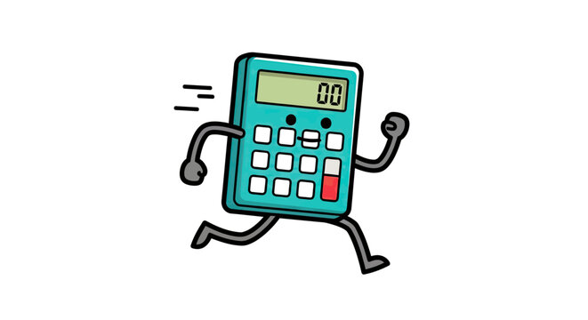 Green calculator character running fast with motion lines.