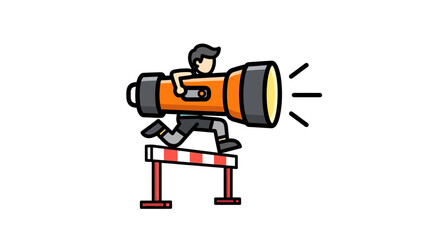 Fototapeta premium Man jumping hurdle while carrying a large flashlight.