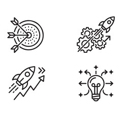 Fototapeta premium Rocket Growth Business Strategy Icon Set – Startup Development, Innovation, Idea Launch Vector Bundle