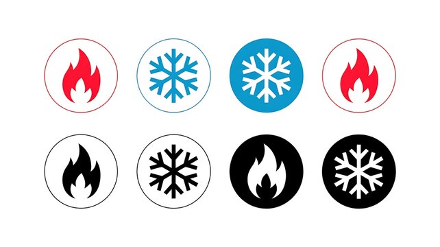 A set of eight black, white, and colored flame and snowflake icons are shown.