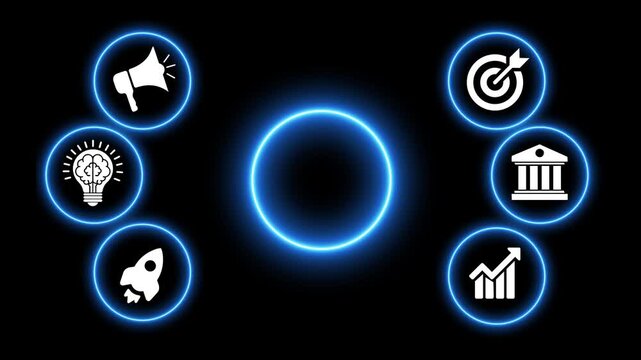 Abstract business icons in circles moving over black background with copy space.