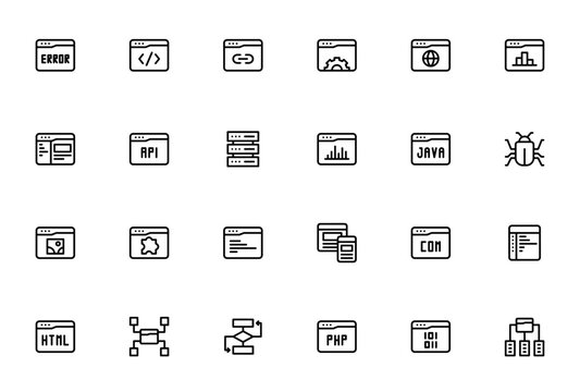 Web development icon set. Minimal line icons pack. Vector illustration. Featuring error, coding, link, setting, server, Java, bug, responsive, domain, HTML, PHP, binary, framework and more.