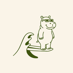 Fototapeta premium Hippo surfing on a board happily.