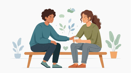 Obraz premium Empathy and Support: Two individuals sit together on a bench, one offering comfort and a reassuring touch to the other, illustrating the power of connection and understanding.