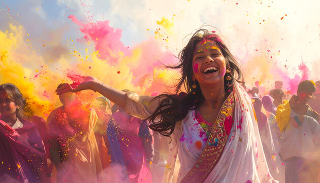 Joyful Woman Celebrates Holi Festival with Vibrant Colors.