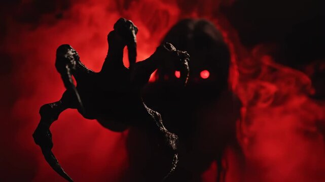 Terrifying Demonic Entity Emerging from Thick Red Smoke with Glowing Eyes and Sharp Claws on Black Background, Ideal for Horror Film Projects and Halloween-themed Content.
