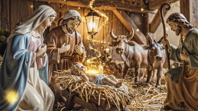 Nativity display with figurines of Jesus Christ in stable surrounded by animals and people
