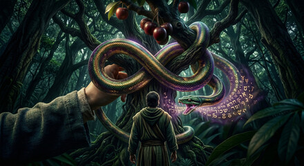 Fototapeta premium &nbsp;A dramatic, low-angle shot in a dense, dark forest canopy. A beautiful, shimmering serpent with iridescent scales (greens, golds, purples) is wound around a thick vine. 