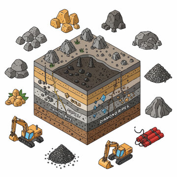 Cross section of the earth showing mining operations and extracted materials.
