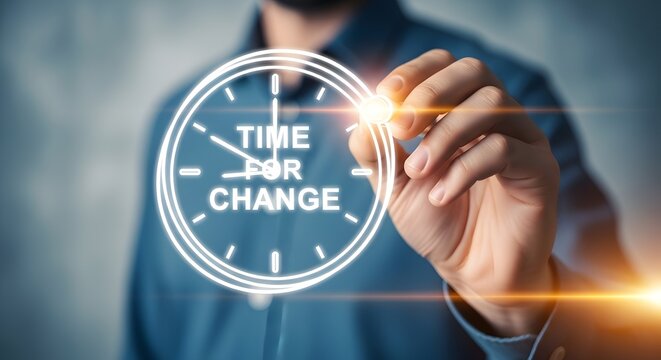 Man's hand drawing glowing 'Time for Change' clock concept
