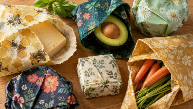 Sustainable lifestyle, zero waste. Flat lay of colorful patterned beeswax food wraps wrapping cheese, half an avocado, and vegetables on a wooden kitchen board. Plastic-free kitchen concept.