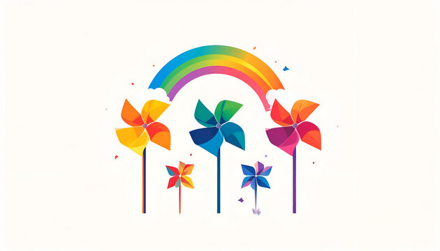 Colorful Pinwheels and Rainbow Illustration.