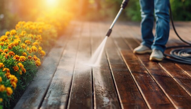 Cleaning wooden deck with high pressure water washing in sunny garden home patio