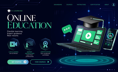 Fototapeta premium Online education e learning concept clipart banner design. Online education platform clip art with laptop, graduation cap, smartphone and chat bubble in technology circuit background for digital 
